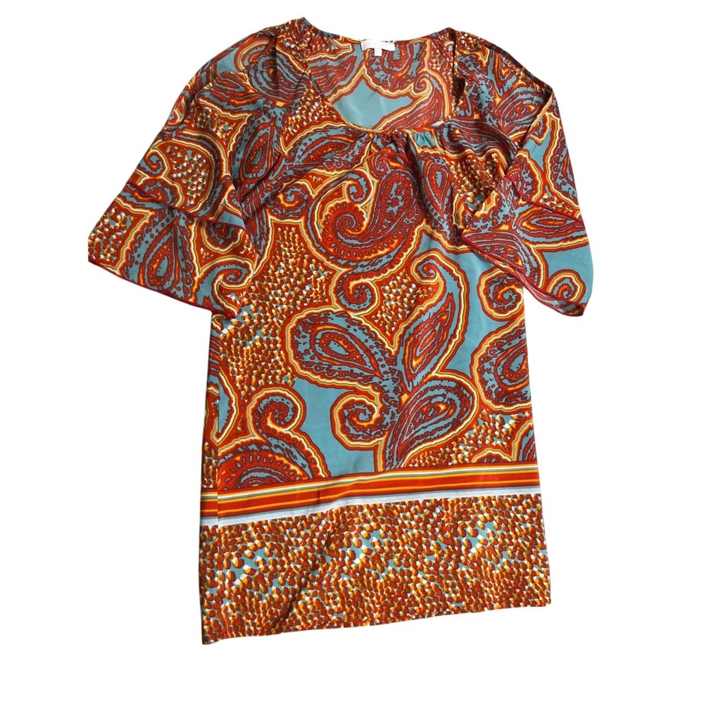 GLAM Womens Medium Paisley Mini Dress Bell Sleeve Retro Mod Boho Orange Blue